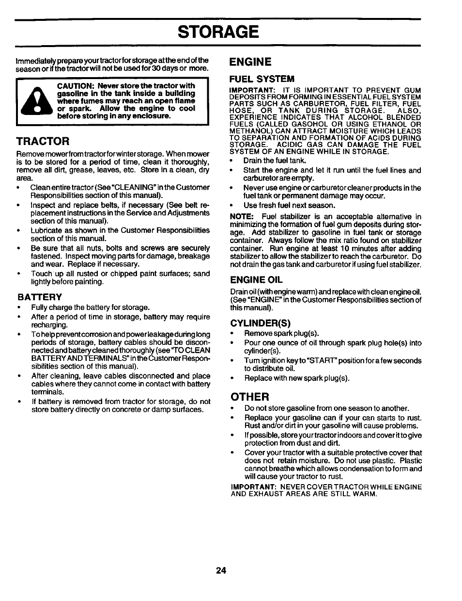 Storage, Tractor, Battery | Engine, Fuel system, Engine oil, Cylinder(s), Other | Craftsman 944.602951 User Manual | Page 24 / 56