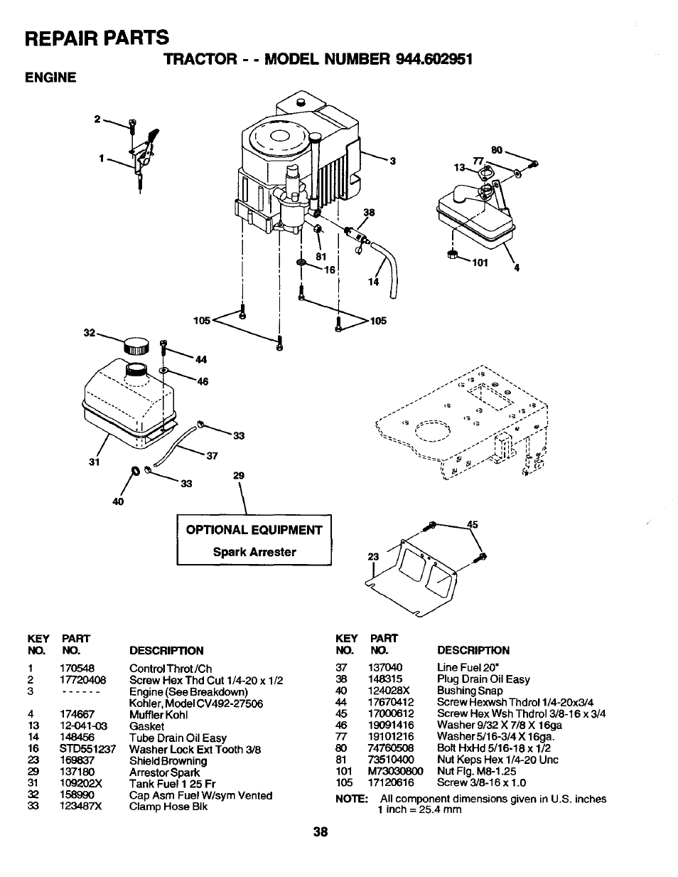 Tractor - - model number 944.602951, Engine, Repair parts | Craftsman 944.602951 User Manual | Page 38 / 56