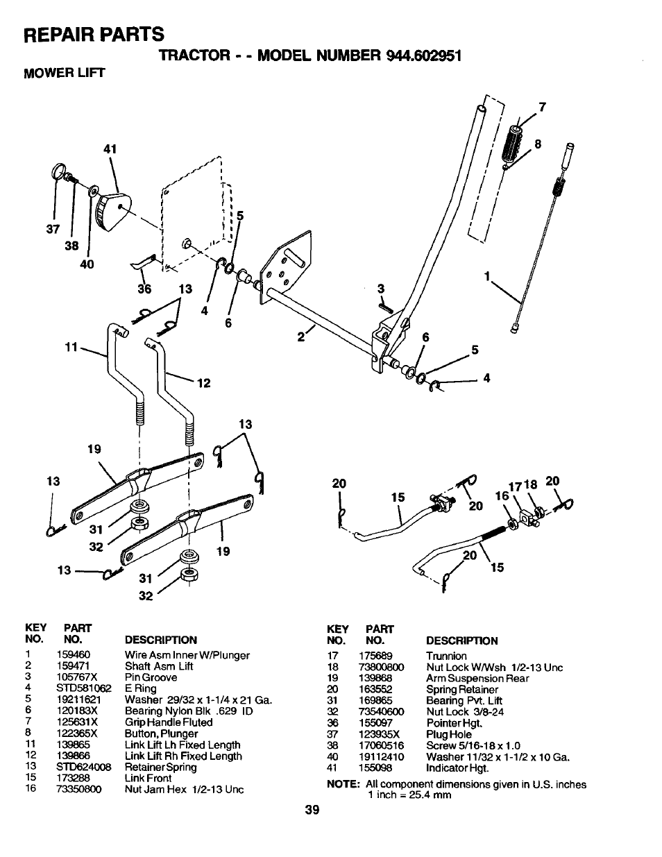 Mower lift, Repair parts | Craftsman 944.602951 User Manual | Page 39 / 56