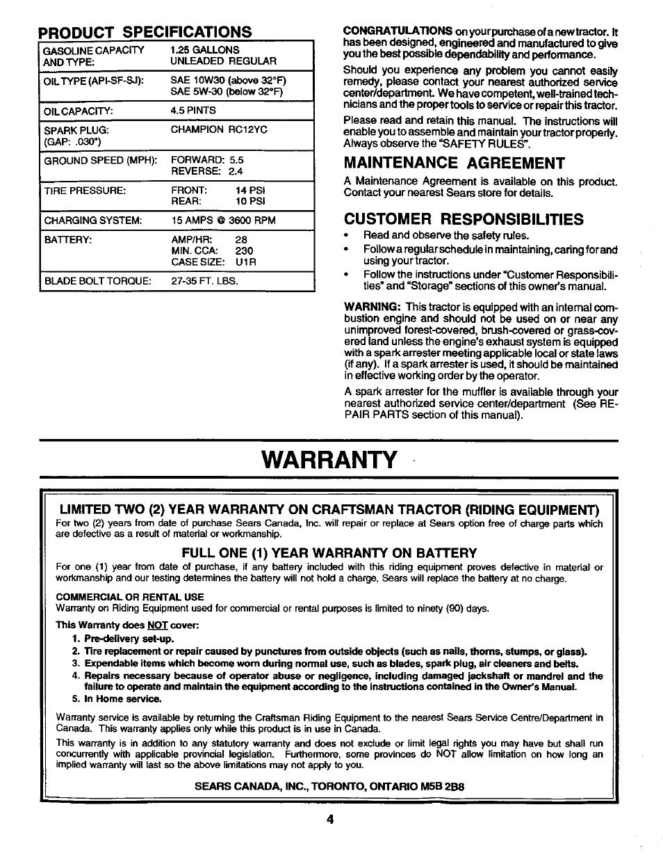 Maintenance agreement, Customer responsibilities, Warranty | Full one (1) year warranty on battery, Product specifications | Craftsman 944.602951 User Manual | Page 4 / 56