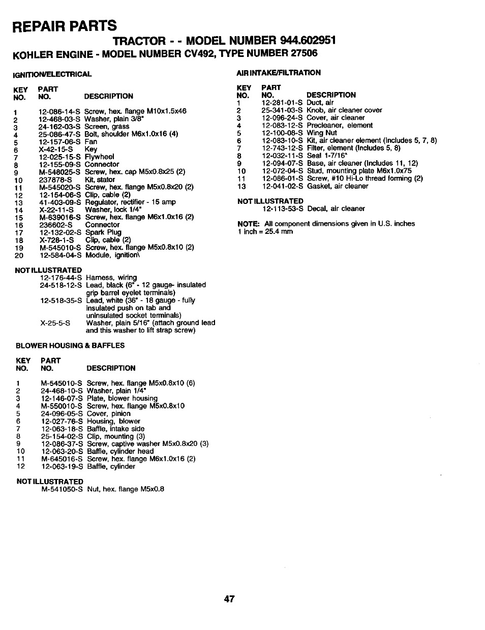 Repair parts | Craftsman 944.602951 User Manual | Page 47 / 56