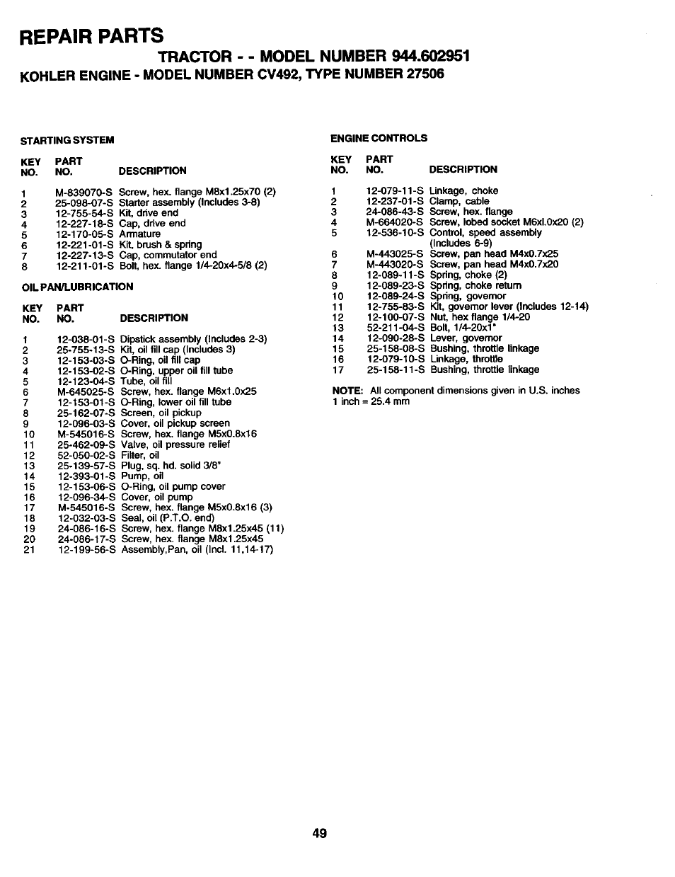 Repair parts | Craftsman 944.602951 User Manual | Page 49 / 56