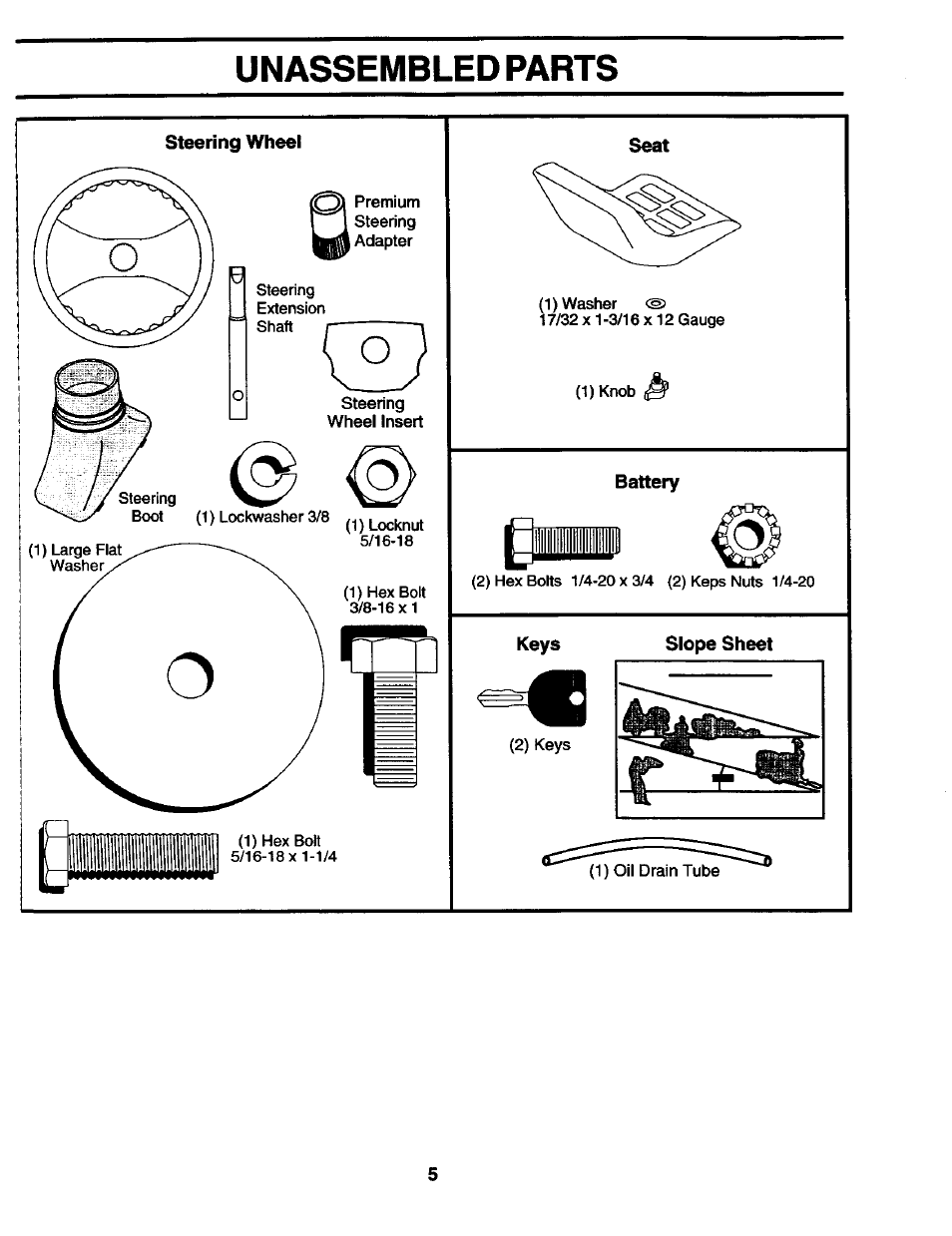 Steering wheel, Seat, Battery | Keys, Slope sheet, Unassembled parts | Craftsman 944.602951 User Manual | Page 5 / 56