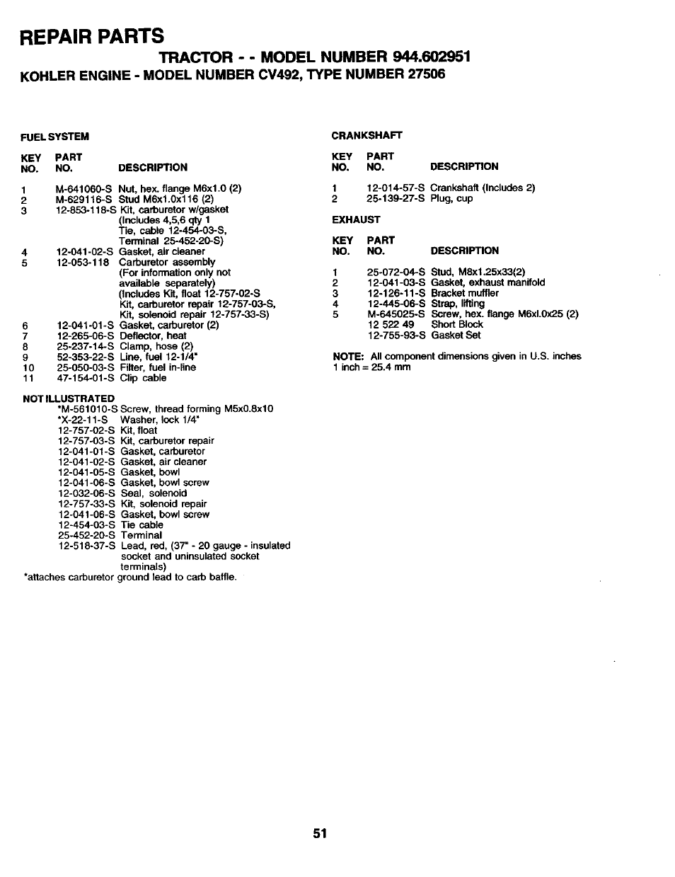 Repair parts | Craftsman 944.602951 User Manual | Page 51 / 56