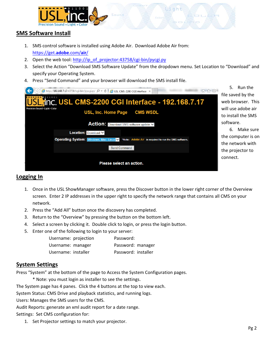 Sms software install, Logging in, System settings | USL CMS-2200 Quickstart User Manual | Page 2 / 4