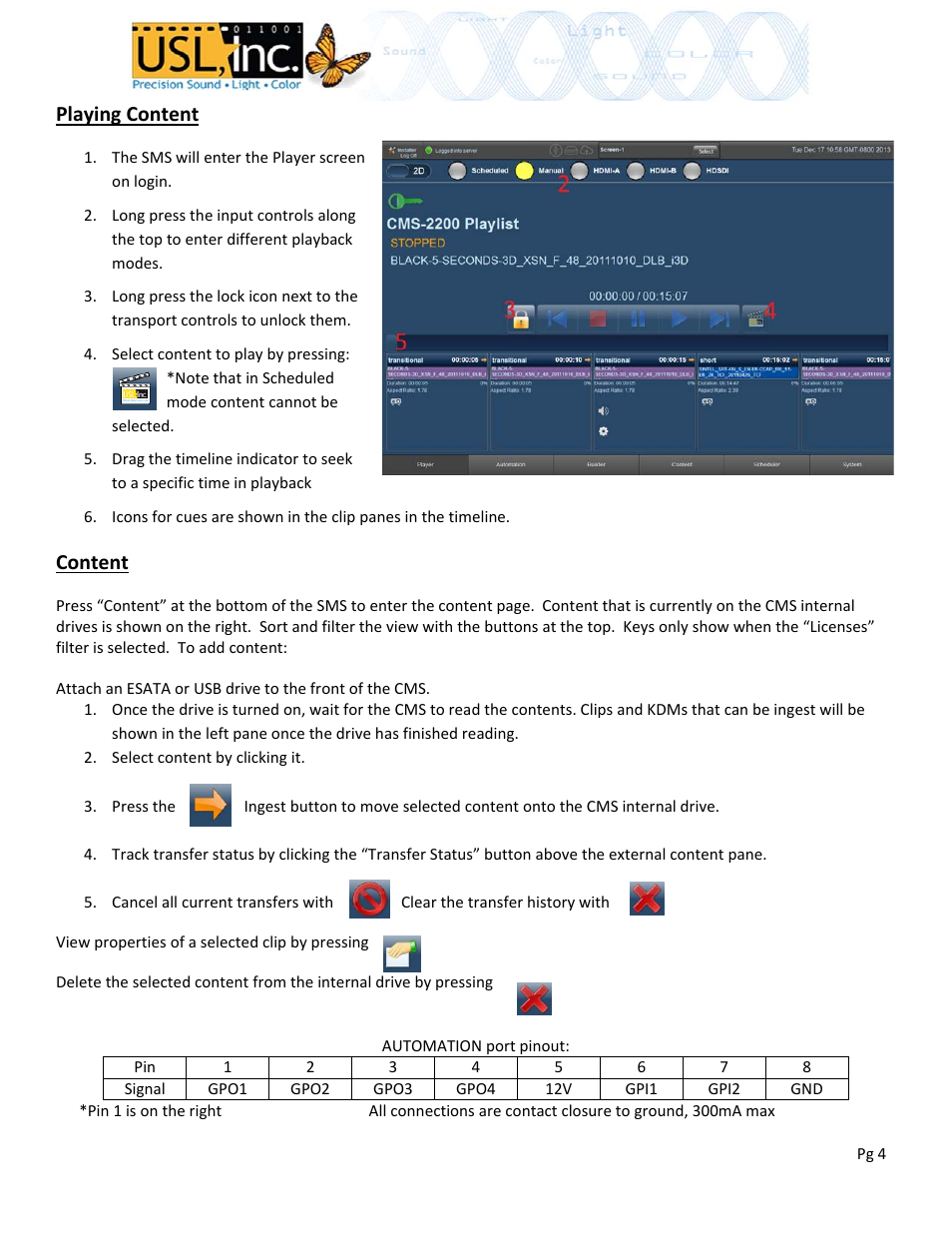 Playing content, Content | USL CMS-2200 Quickstart User Manual | Page 4 / 4