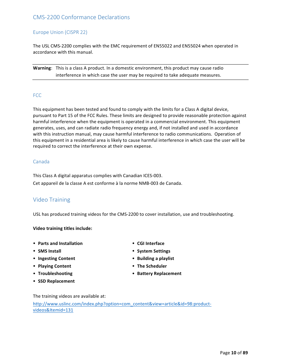 Cms-­‐2200 conformance declarations, Video training | USL CMS-2200 Manual User Manual | Page 10 / 89