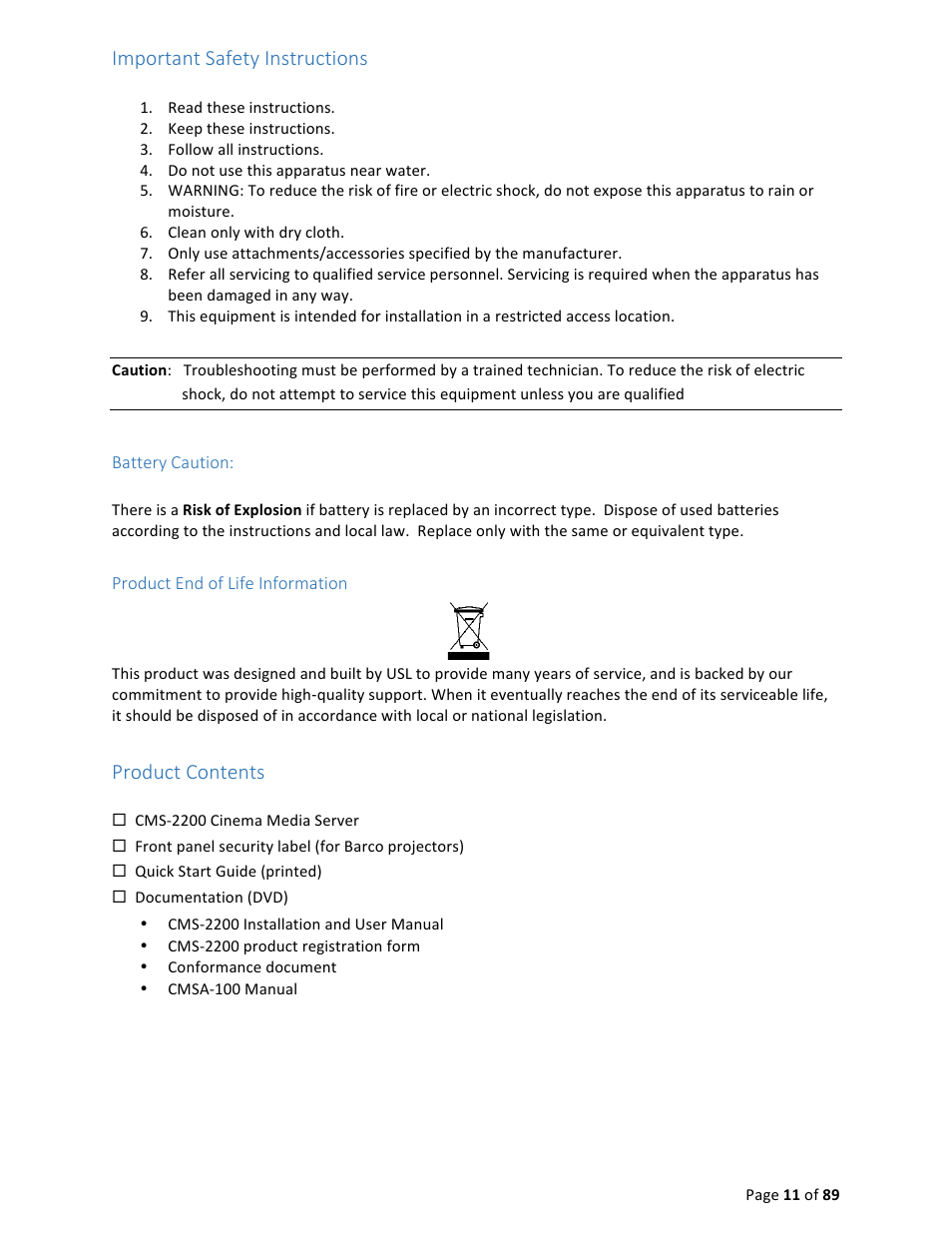 Important safety instructions, Product contents | USL CMS-2200 Manual User Manual | Page 11 / 89