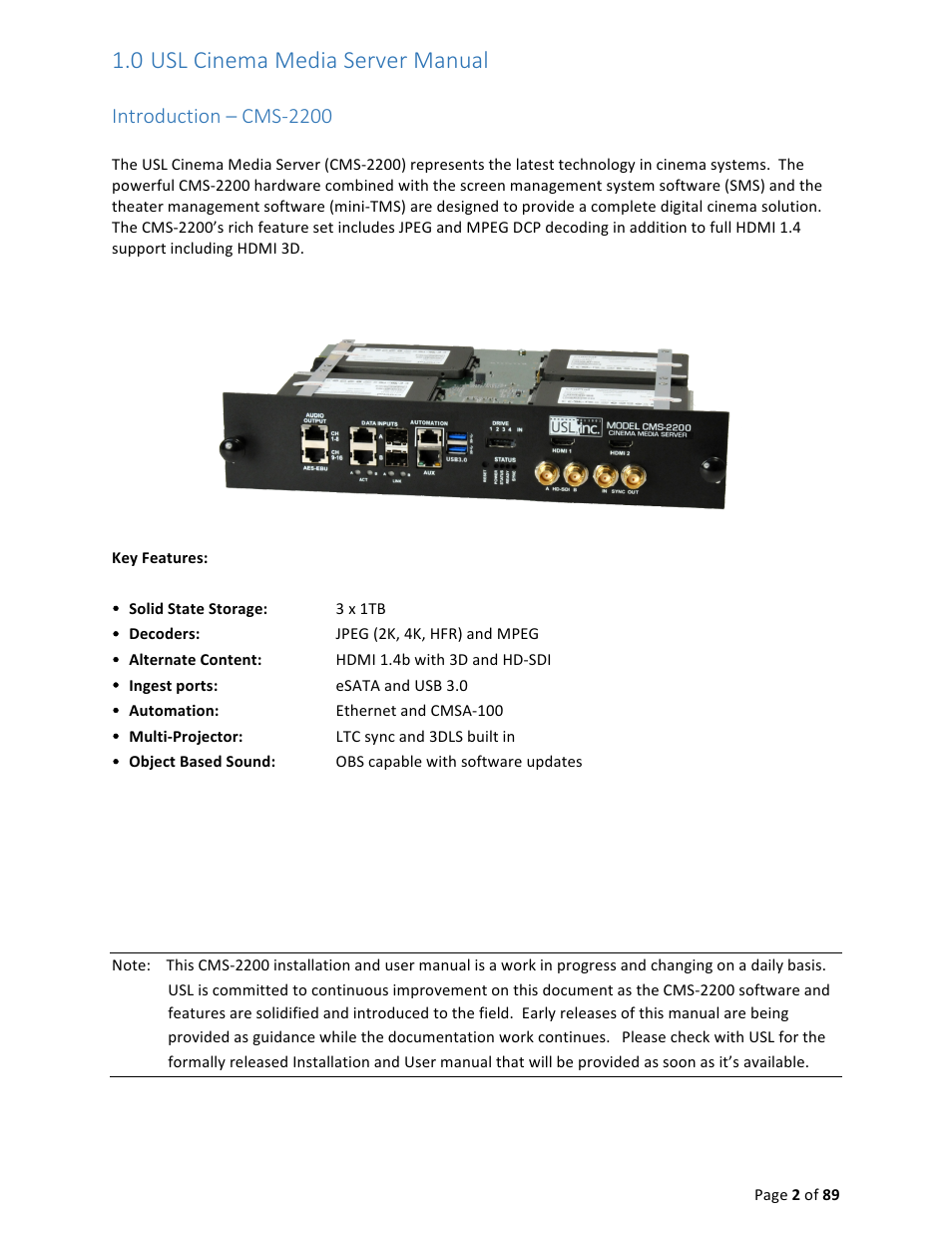 0 usl cinema media server manual, Introduction – cms-­‐2200 | USL CMS-2200 Manual User Manual | Page 2 / 89