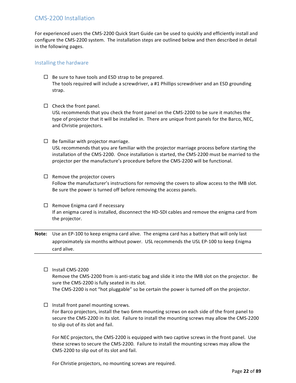 Cms-­‐2200 installation | USL CMS-2200 Manual User Manual | Page 22 / 89