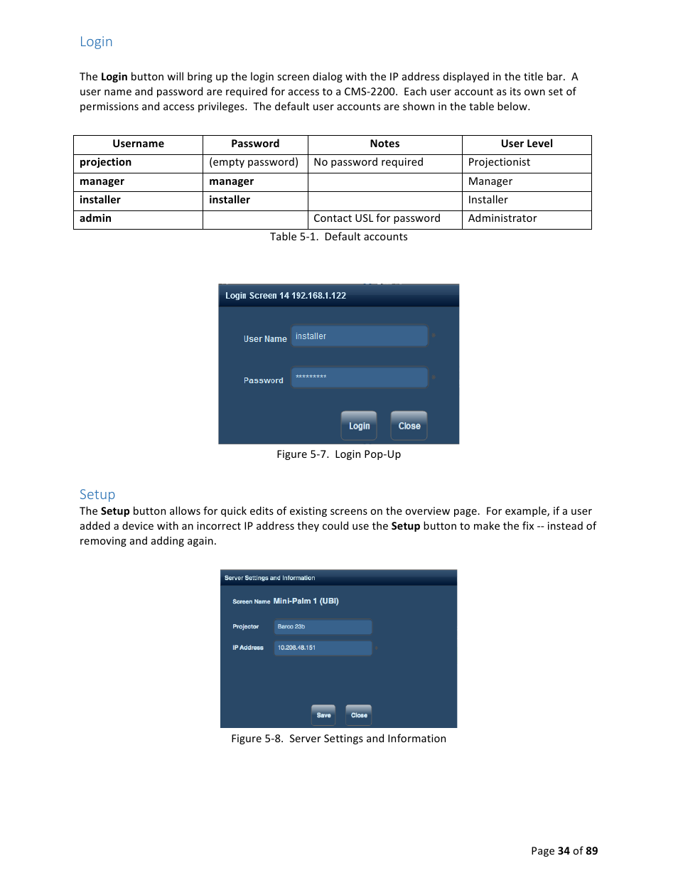Login, Setup | USL CMS-2200 Manual User Manual | Page 34 / 89