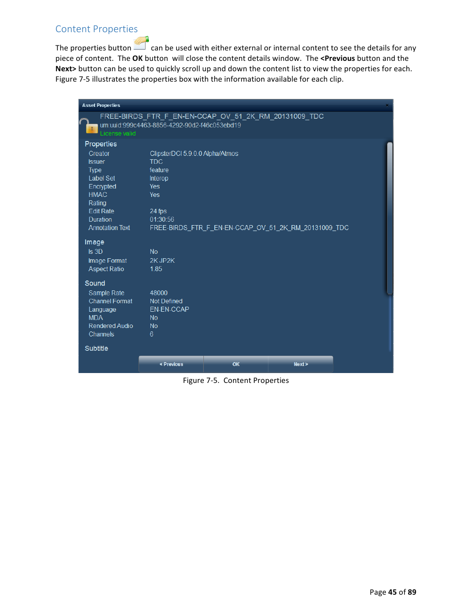 Content properties | USL CMS-2200 Manual User Manual | Page 45 / 89