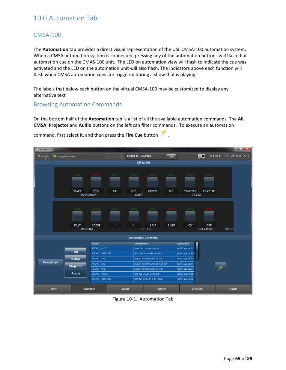 0 automation tab, Cmsa-­‐100, Browsing automation commands | USL CMS-2200 Manual User Manual | Page 65 / 89