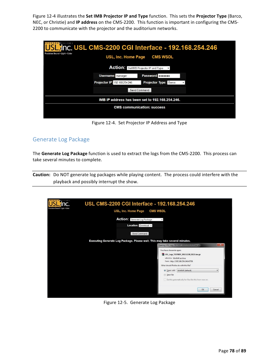 Generate log package | USL CMS-2200 Manual User Manual | Page 78 / 89