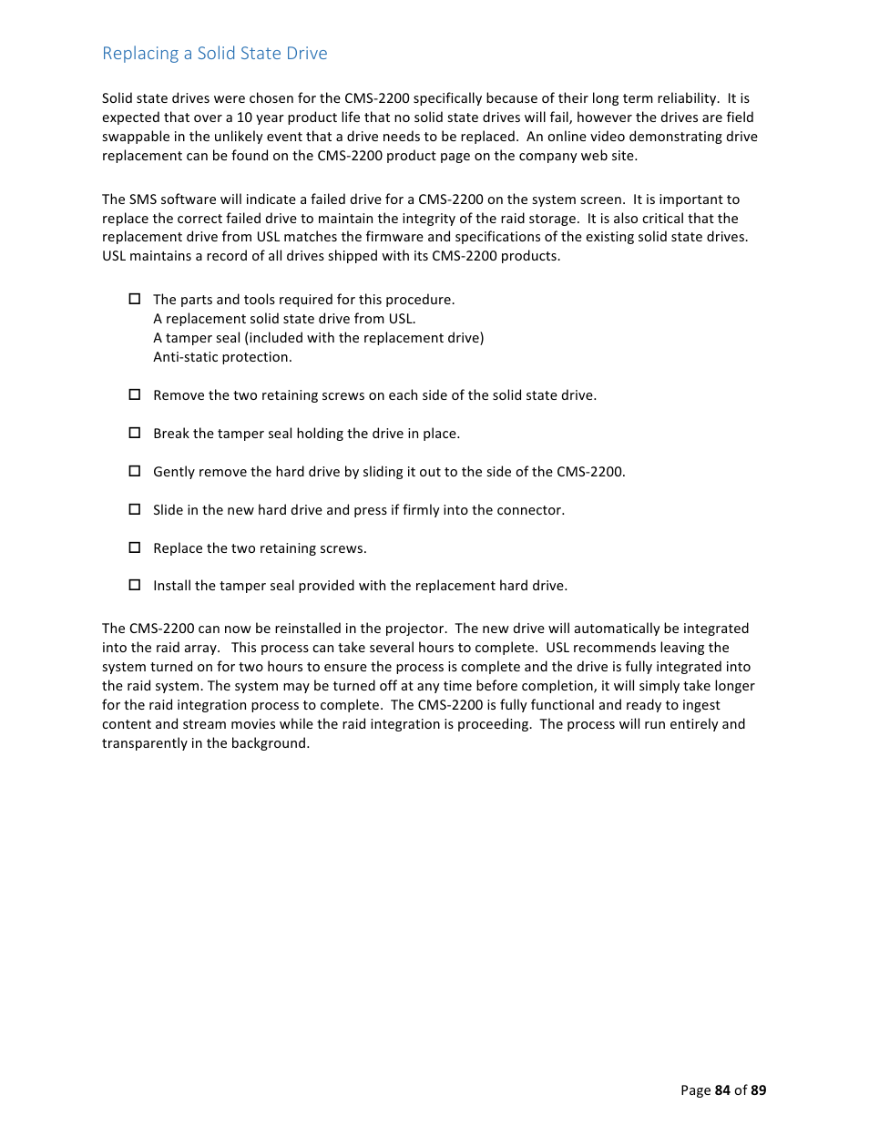 Replacing a solid state drive | USL CMS-2200 Manual User Manual | Page 84 / 89