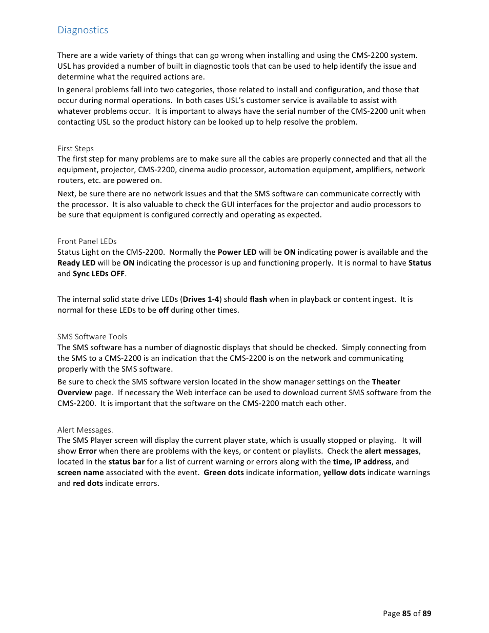 Diagnostics | USL CMS-2200 Manual User Manual | Page 85 / 89