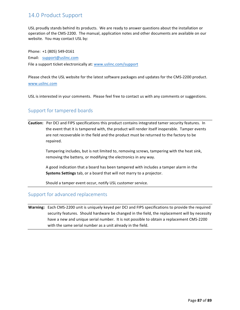 0 product support, Support for tampered boards, Support for advanced replacements | USL CMS-2200 Manual User Manual | Page 87 / 89