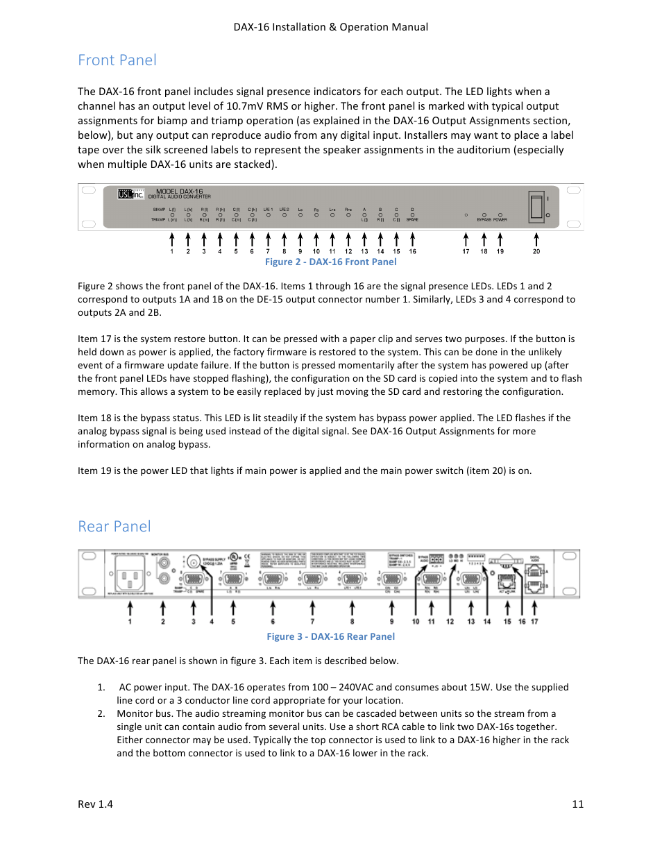 Front panel, Rear panel | USL DAX-16 User Manual | Page 11 / 24