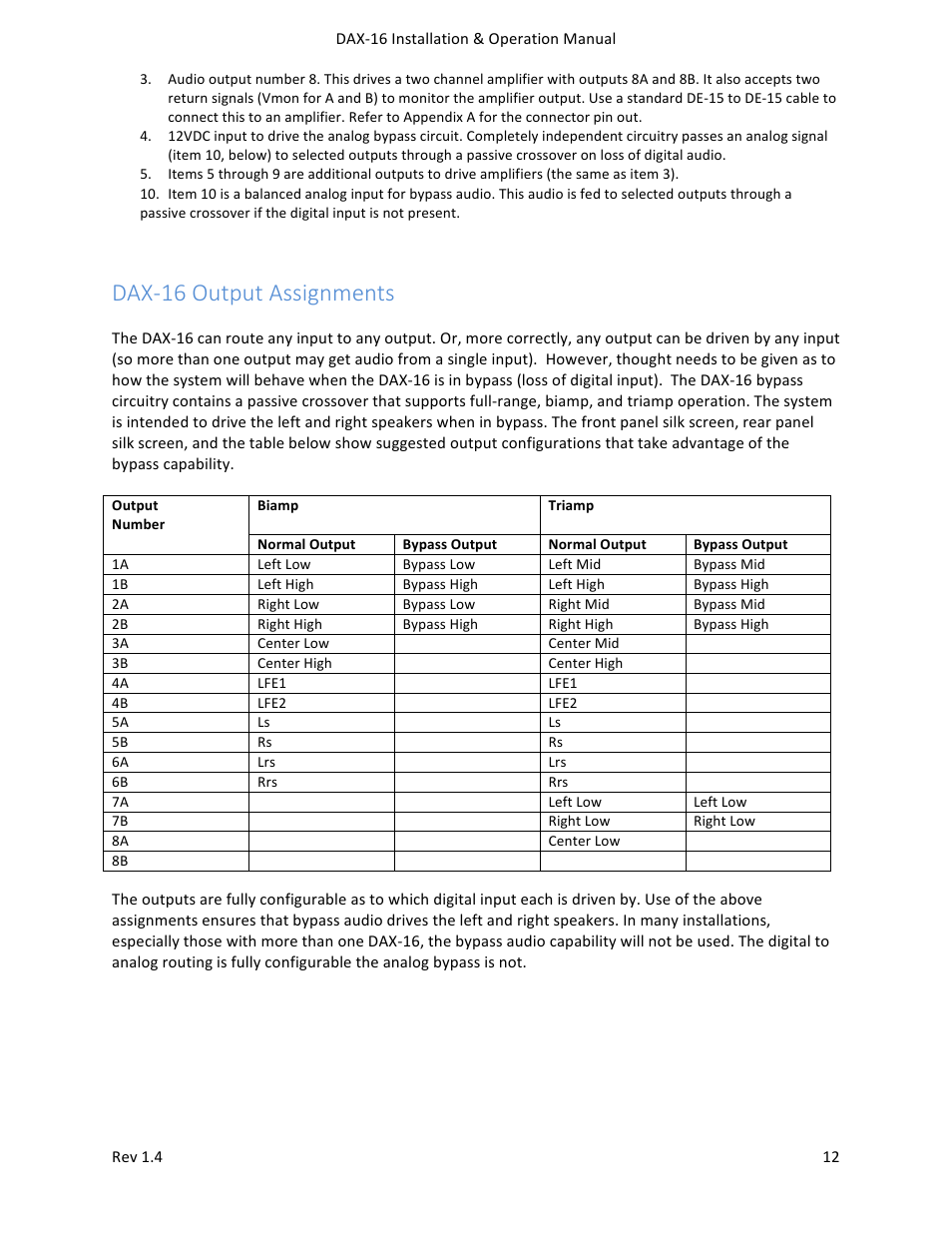 Dax-­‐16 output assignments | USL DAX-16 User Manual | Page 12 / 24