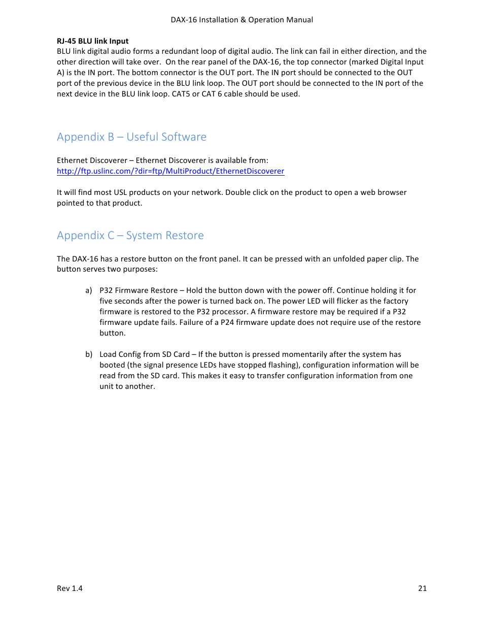 Appendix b – useful software, Appendix c – system restore | USL DAX-16 User Manual | Page 21 / 24