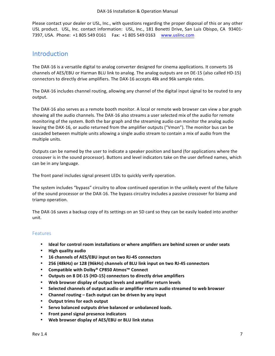 Introduction | USL DAX-16 User Manual | Page 7 / 24
