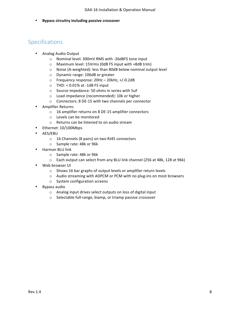Specifications | USL DAX-16 User Manual | Page 8 / 24