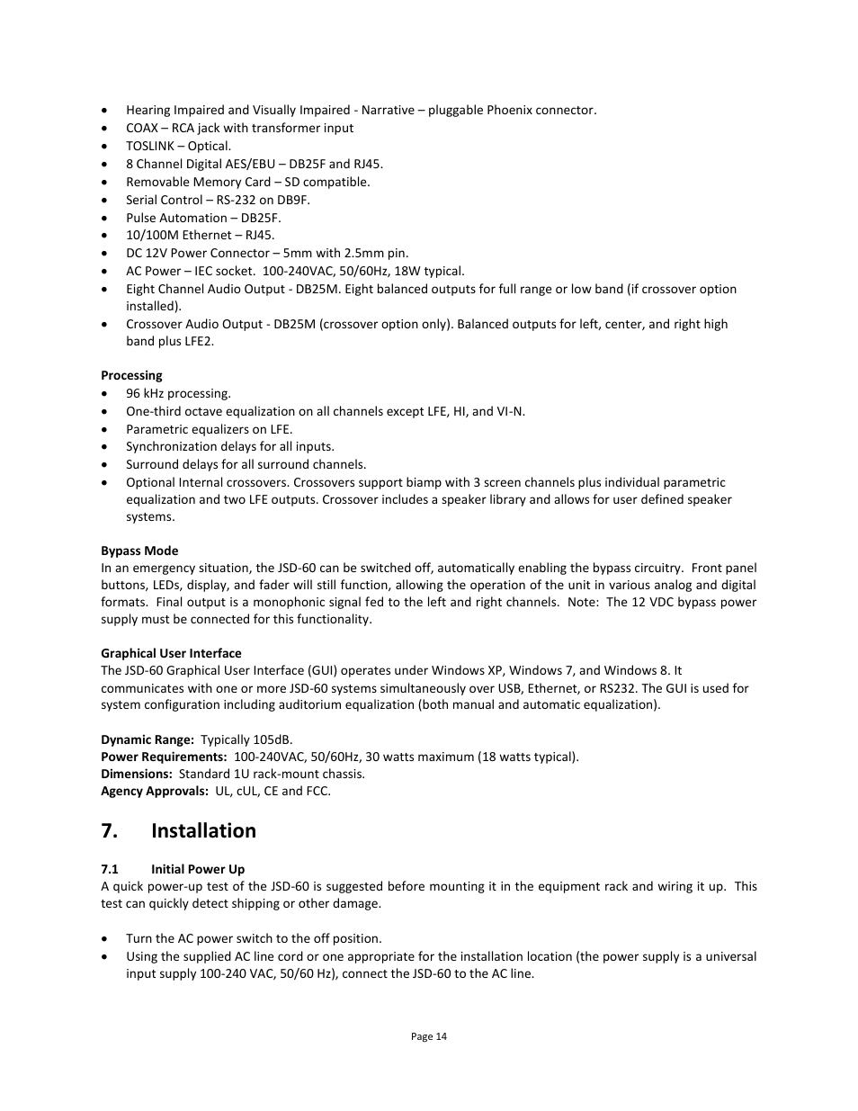 Installation, Initial power up | USL JSD-60 Manual User Manual | Page 14 / 66