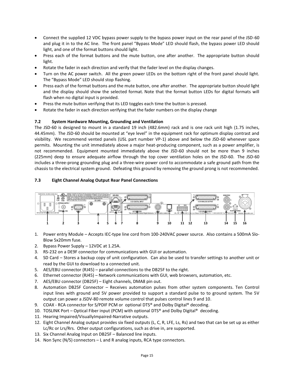 Eight channel analog output rear panel connections | USL JSD-60 Manual User Manual | Page 15 / 66