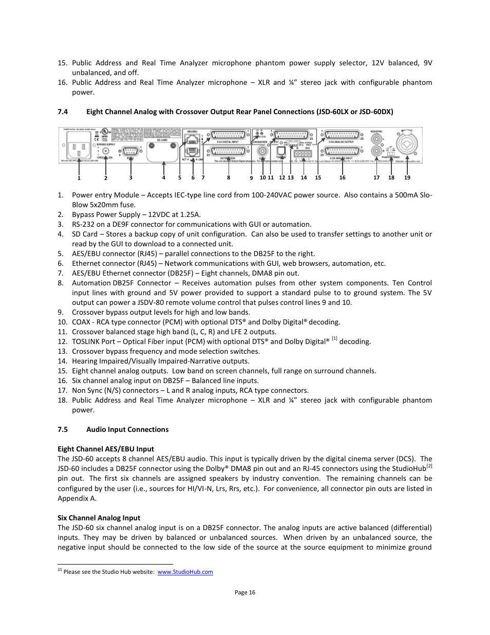 Audio input connections, Analog audio output connections | USL JSD-60 Manual User Manual | Page 16 / 66