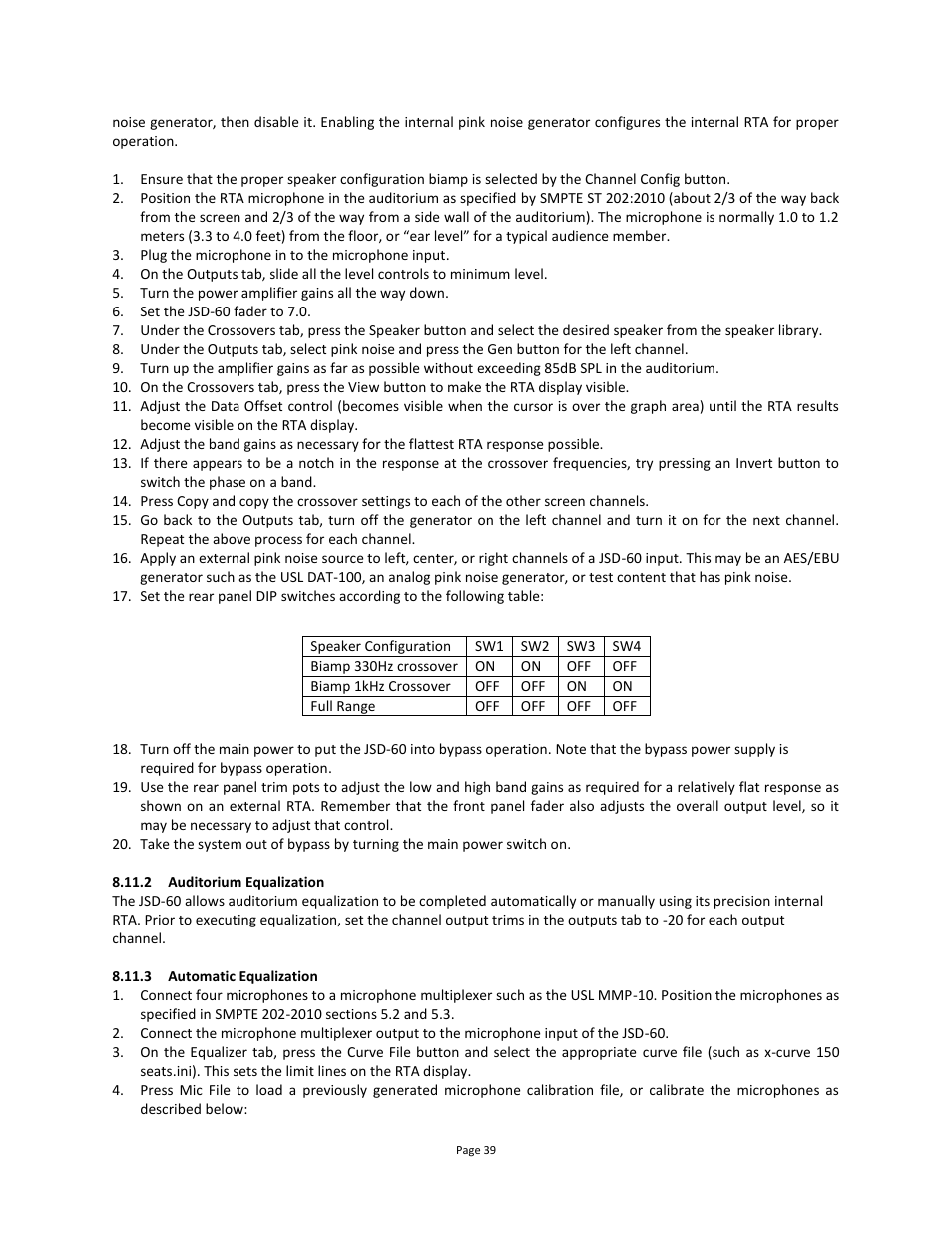 Auditorium equalization, Automatic equalization | USL JSD-60 Manual User Manual | Page 39 / 66