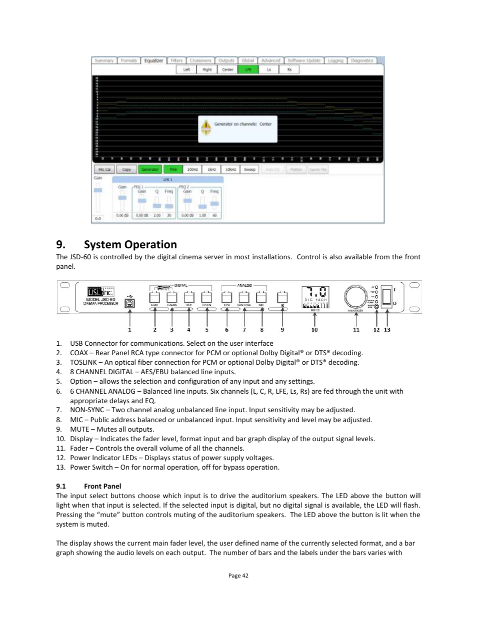 System operation, Front panel | USL JSD-60 Manual User Manual | Page 42 / 66