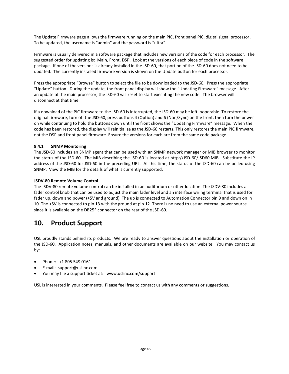 Snmp monitoring, Product support, Appendix a – connector pin outs | USL JSD-60 Manual User Manual | Page 46 / 66