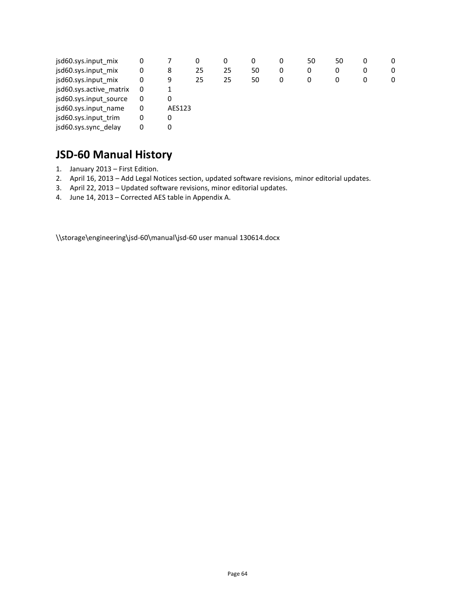 Jsd-60 manual revision history, Jsd-60 manual history | USL JSD-60 Manual User Manual | Page 64 / 66