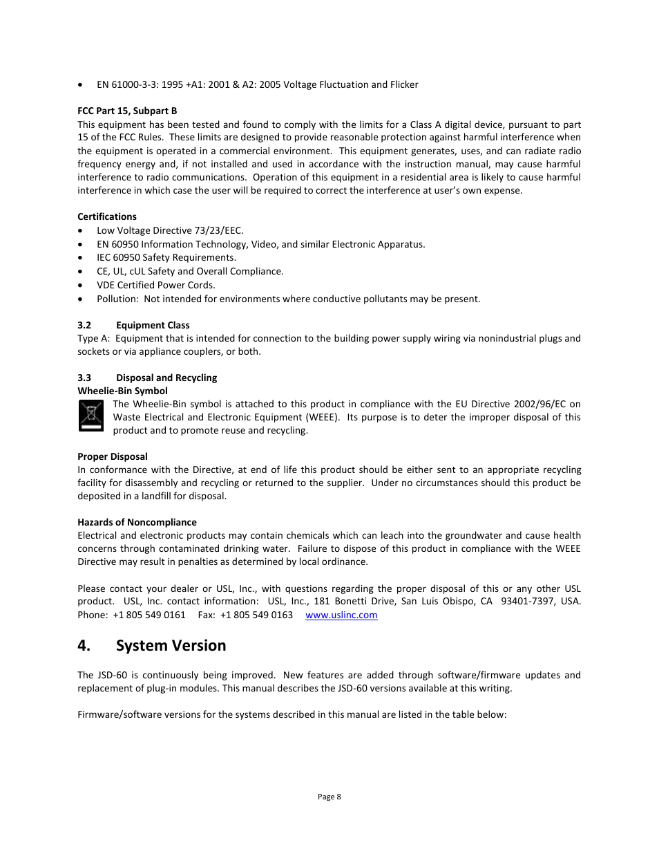 Declartion of conformity, Equipment class, Disposal and recycling | System version | USL JSD-60 Manual User Manual | Page 8 / 66