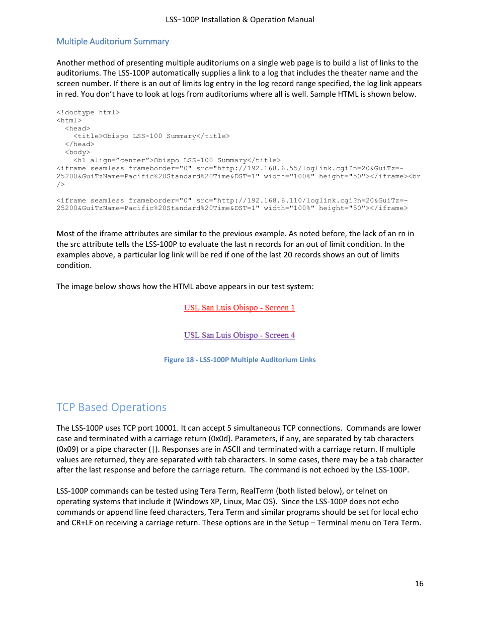 Tcp based operations | USL LSS-100 User Manual | Page 16 / 30