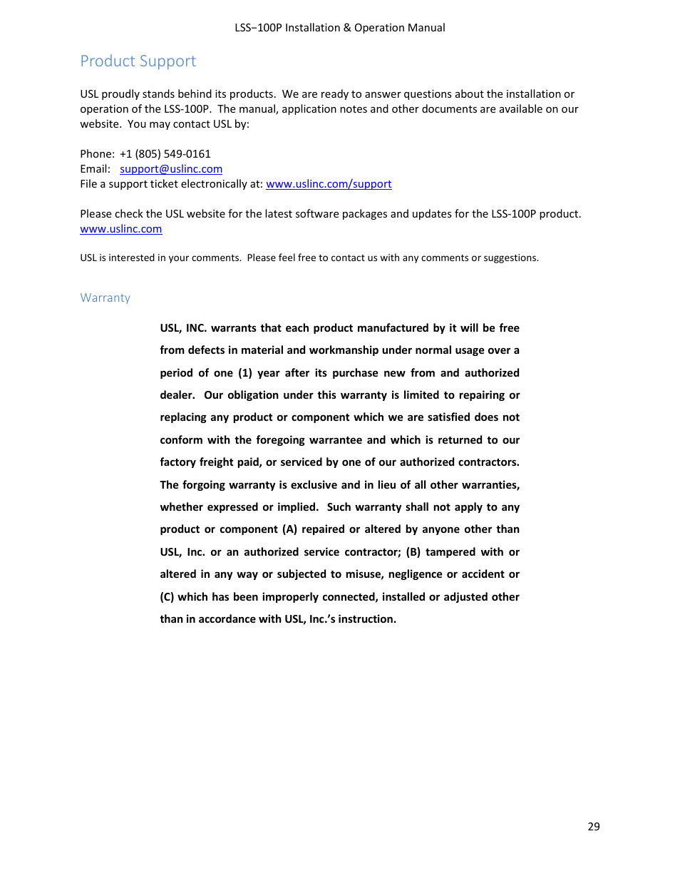 Product support | USL LSS-100 User Manual | Page 29 / 30