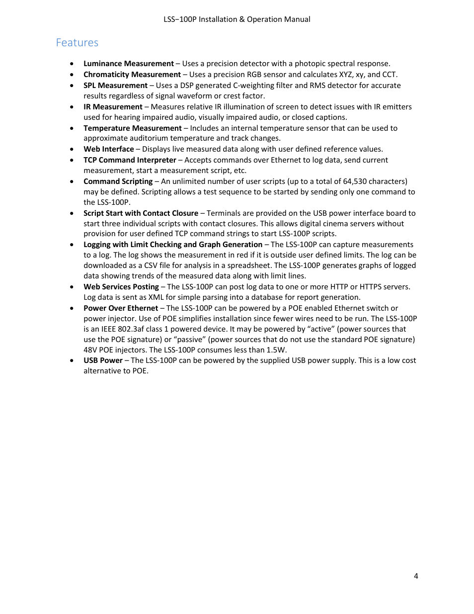 Features | USL LSS-100 User Manual | Page 4 / 30