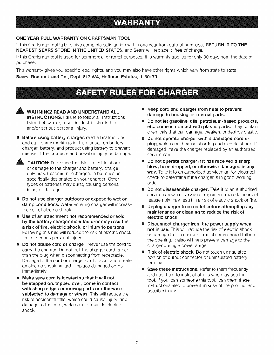 Warrant, Safety rules for charge | Craftsman 911041 User Manual | Page 2 / 6