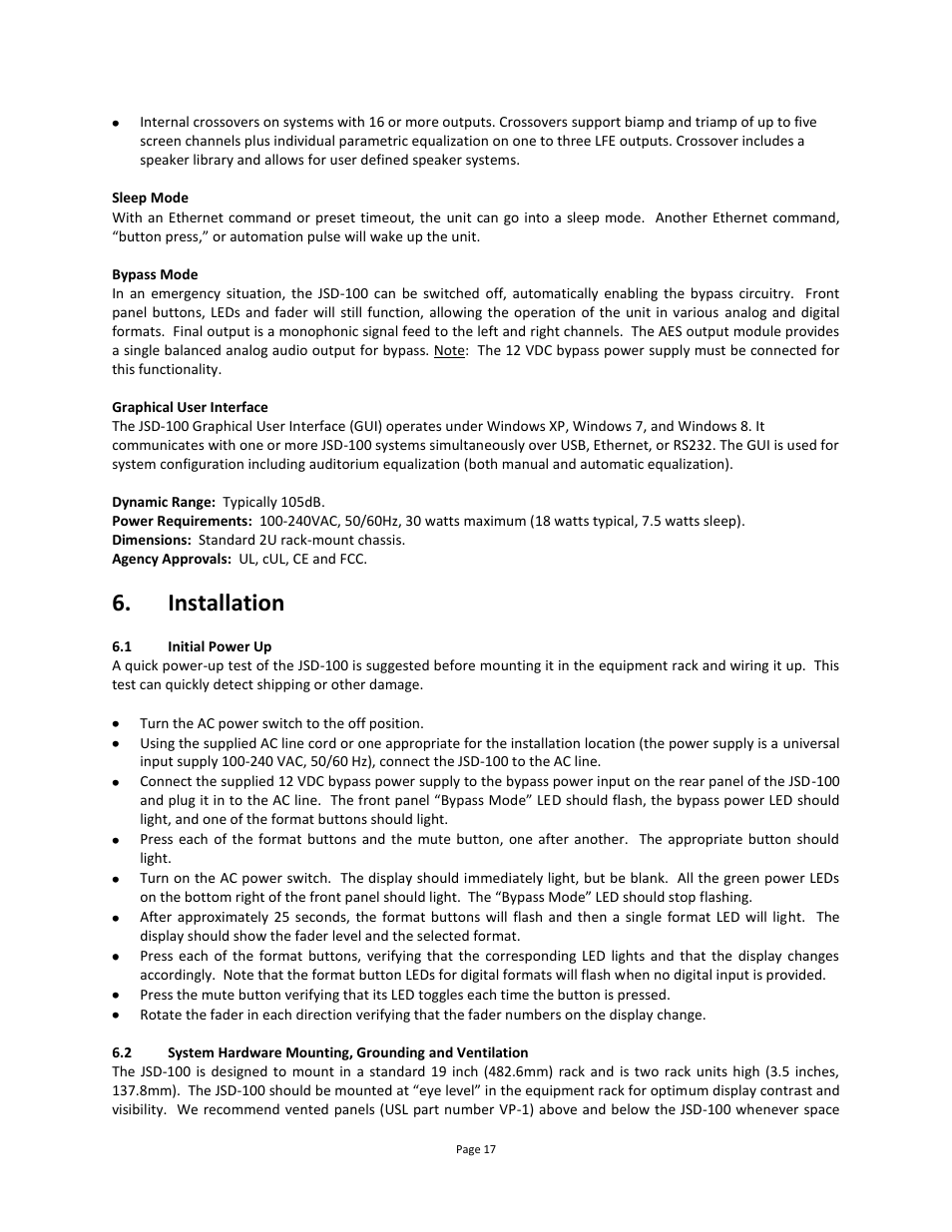 Installation, Initial power up | USL JSD-100 Manual User Manual | Page 17 / 68