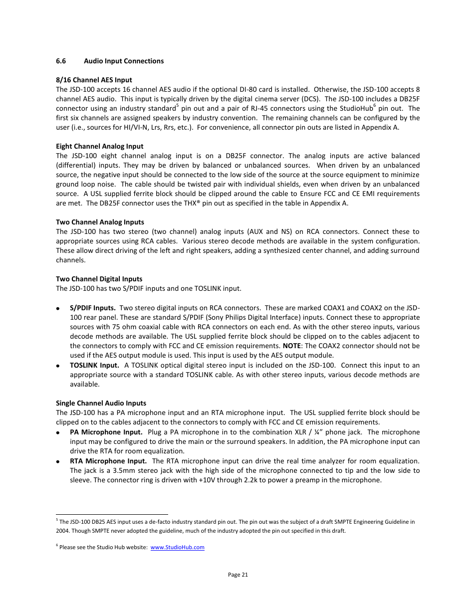 Audio input connections | USL JSD-100 Manual User Manual | Page 21 / 68