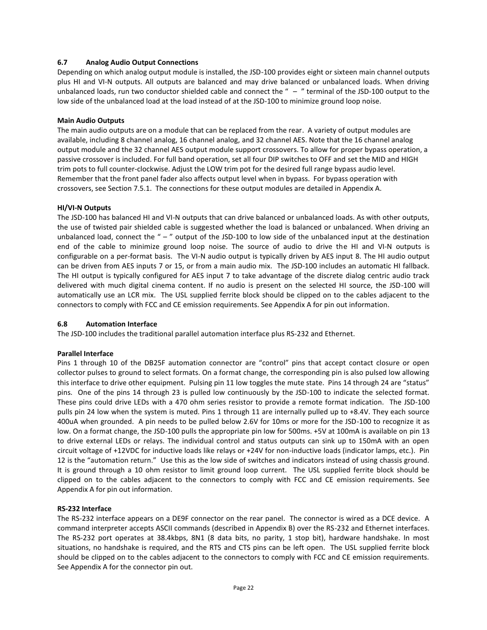 Analog audio output connections, Automation interface | USL JSD-100 Manual User Manual | Page 22 / 68