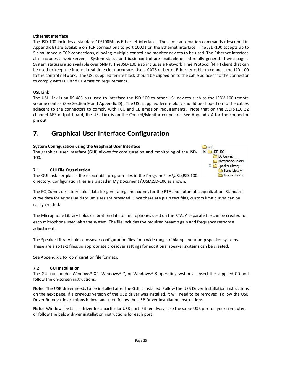 Graphical user interface configuration, Gui file organization, Gui installation 23 | USL JSD-100 Manual User Manual | Page 23 / 68