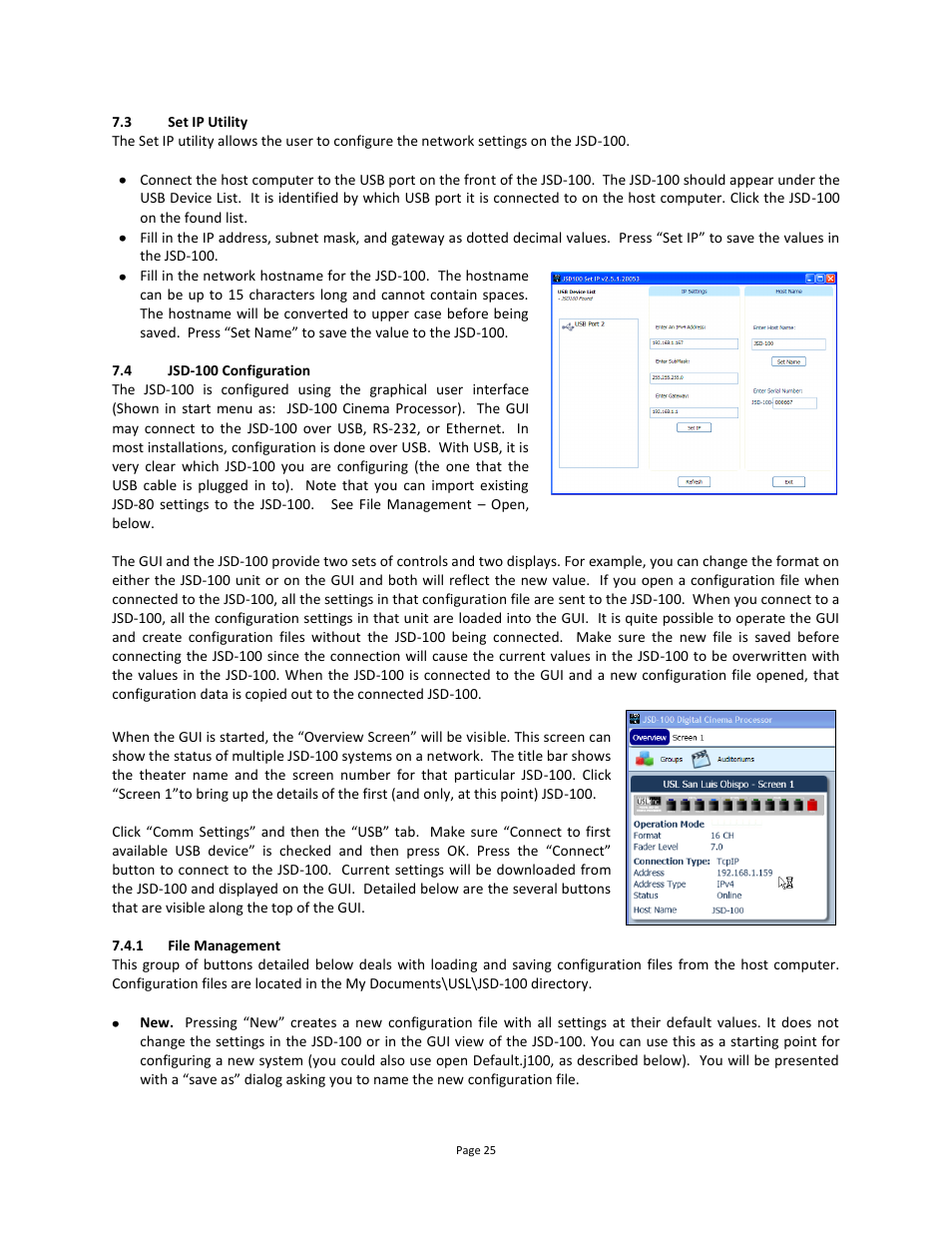 Set ip utility, Jsd-100 configuration, File management | USL JSD-100 Manual User Manual | Page 25 / 68