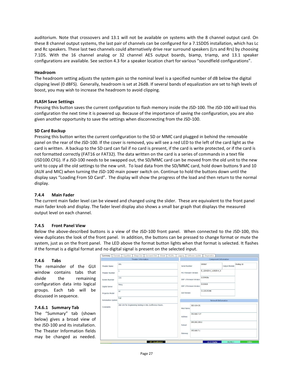 Main fader, Front panel view, Tabs | 1 summary tab | USL JSD-100 Manual User Manual | Page 27 / 68