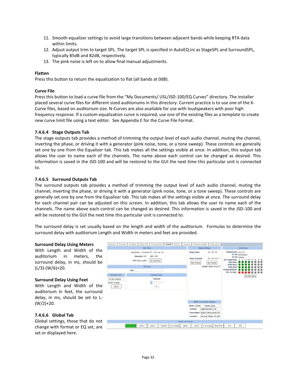 4 stage outputs tab, 5 surround outputs tab, 6 global tab | USL JSD-100 Manual User Manual | Page 32 / 68