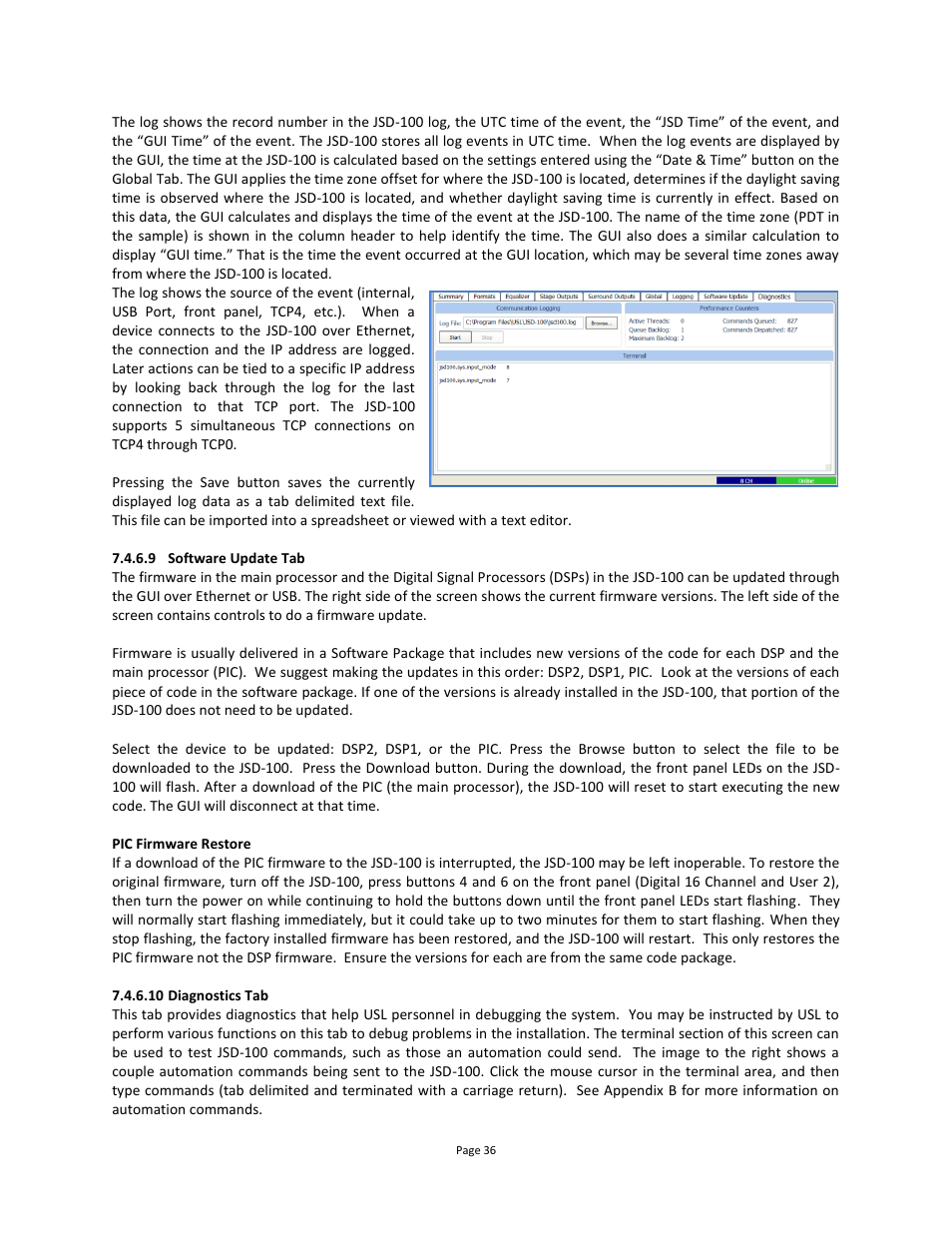 9 software update tab, 10 diagnostics tab | USL JSD-100 Manual User Manual | Page 36 / 68