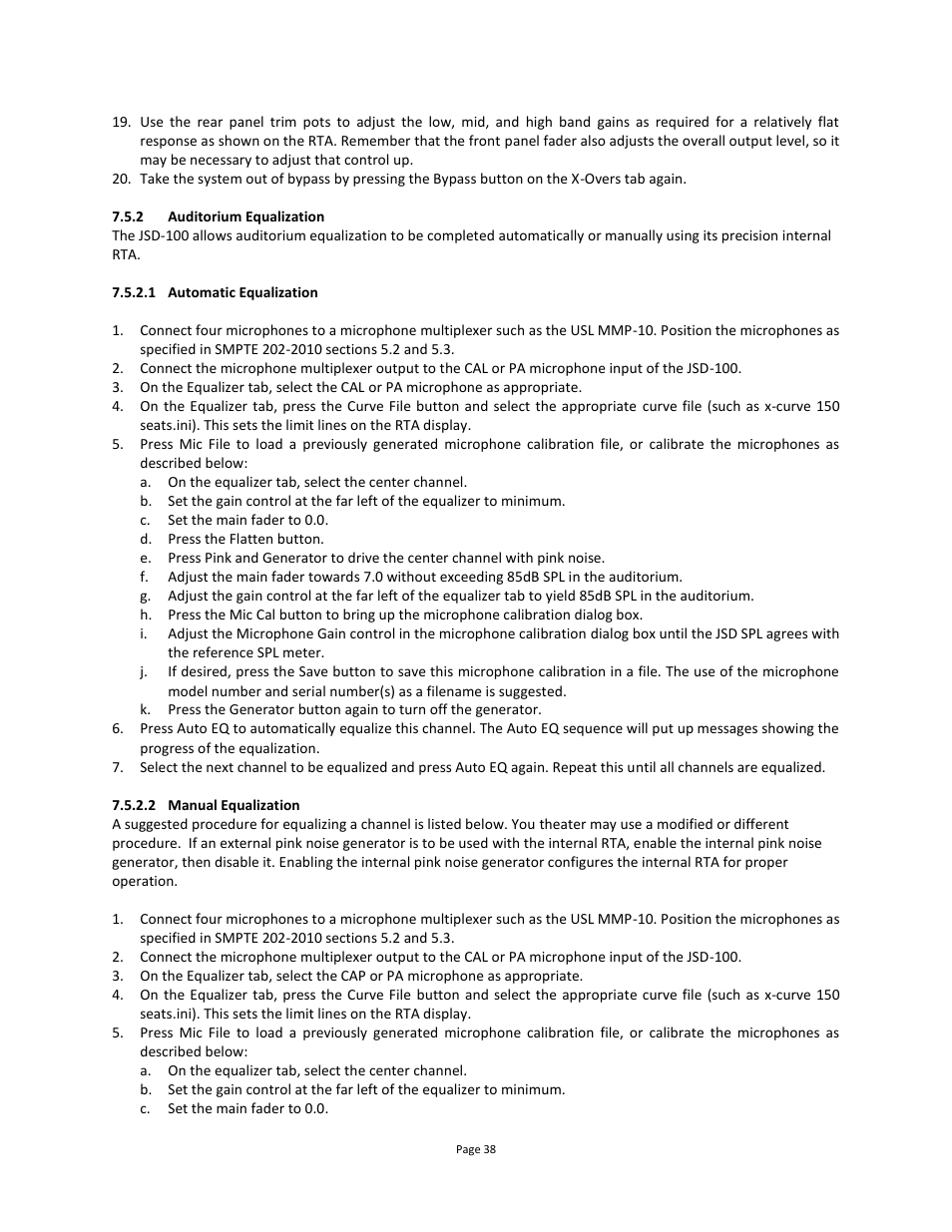 Auditorium equalization, 1 automatic equalization, 2 manual equalization | USL JSD-100 Manual User Manual | Page 38 / 68