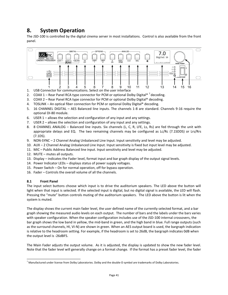 System operation, Front panel | USL JSD-100 Manual User Manual | Page 41 / 68