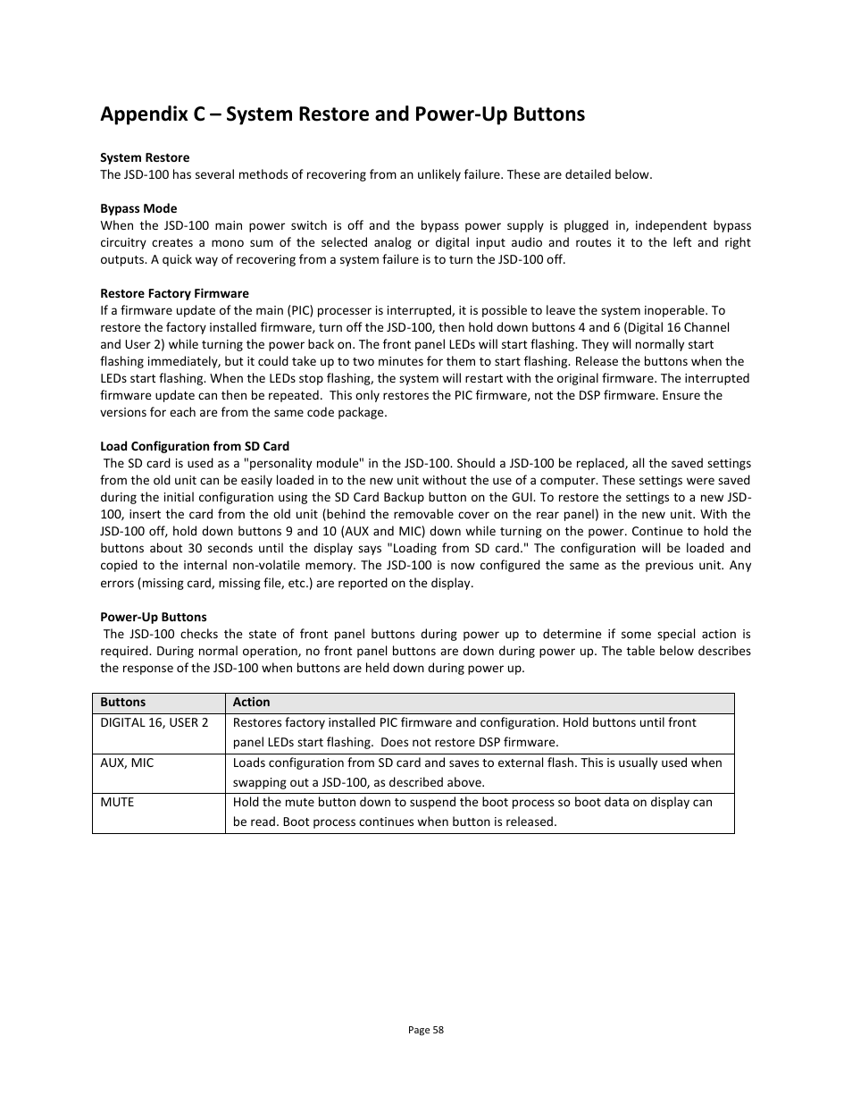 Appendix c – system restore and power-up buttons | USL JSD-100 Manual User Manual | Page 58 / 68