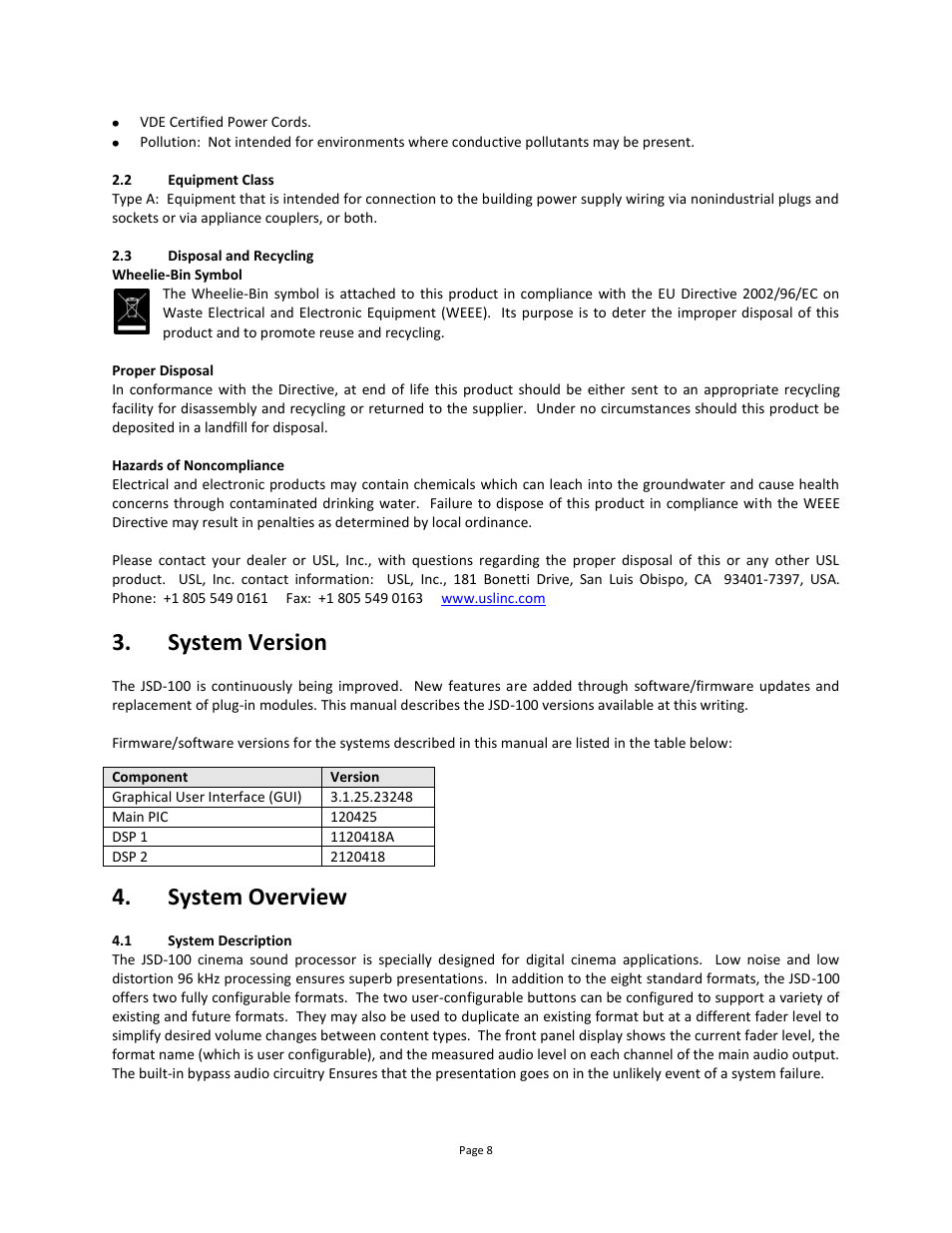 Equipment class, Disposal and recycling, System version | System overview, System description | USL JSD-100 Manual User Manual | Page 8 / 68